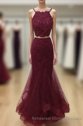 Two Pieces Halter Neck Mermaid Tulle Maroon Semi Formal Prom with Beadings, Maroon Semi Formal Prom, Evening
